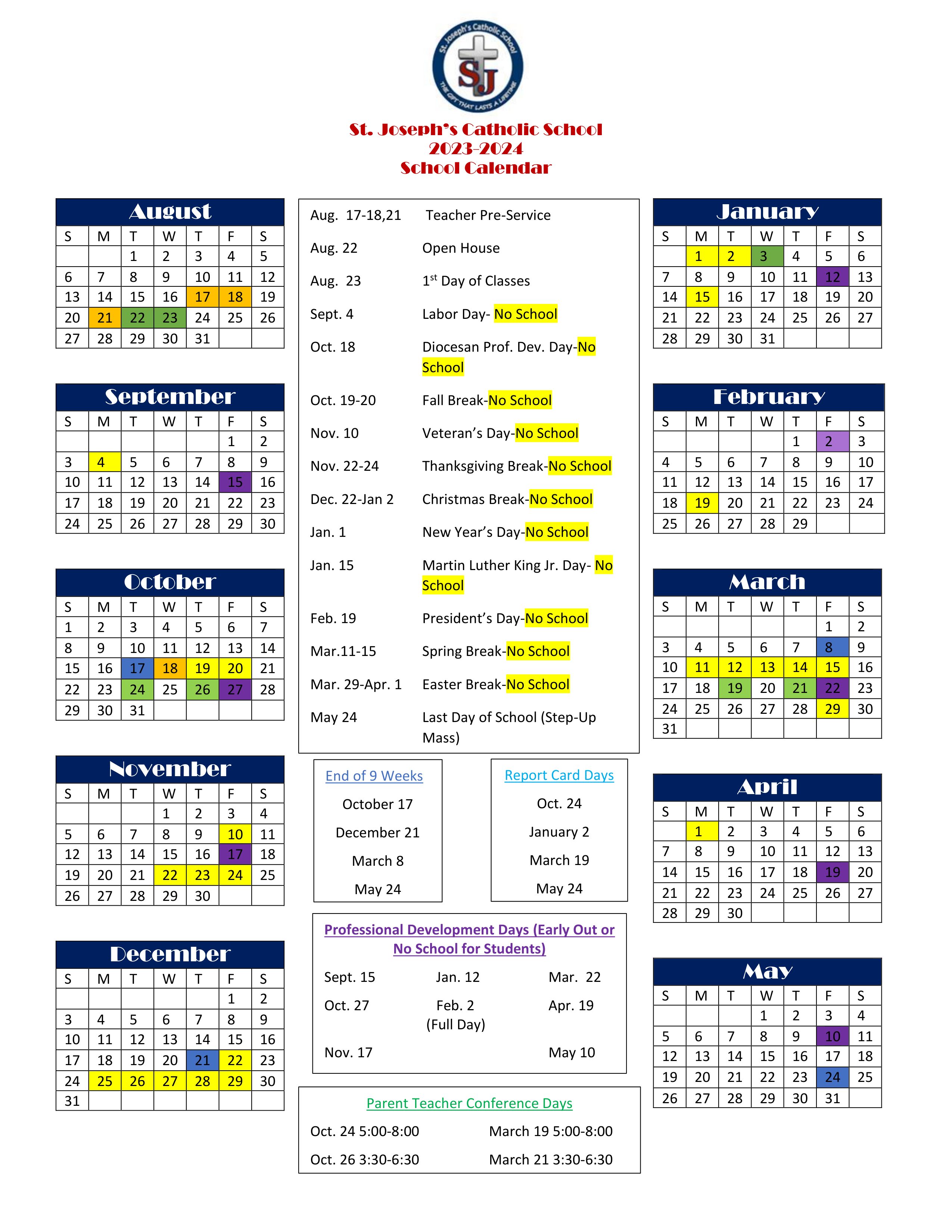 School Calendar St. Joseph's Catholic School